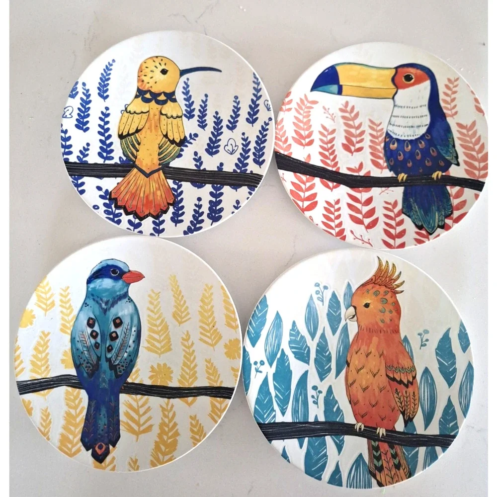 Pier 1 Tropical Birds 8” Salad Plates Set of 4 Colorful Stoneware Resort Style
